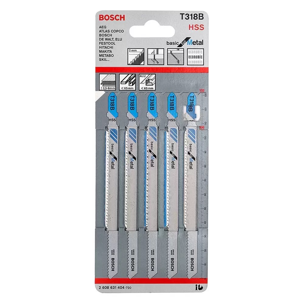 Bosch T318B 5 1/4" 14TPI HSS Jig Saw Blades (Thin-Medium Metal, Pipes, Ferrous & Non-Ferrous) 5PK