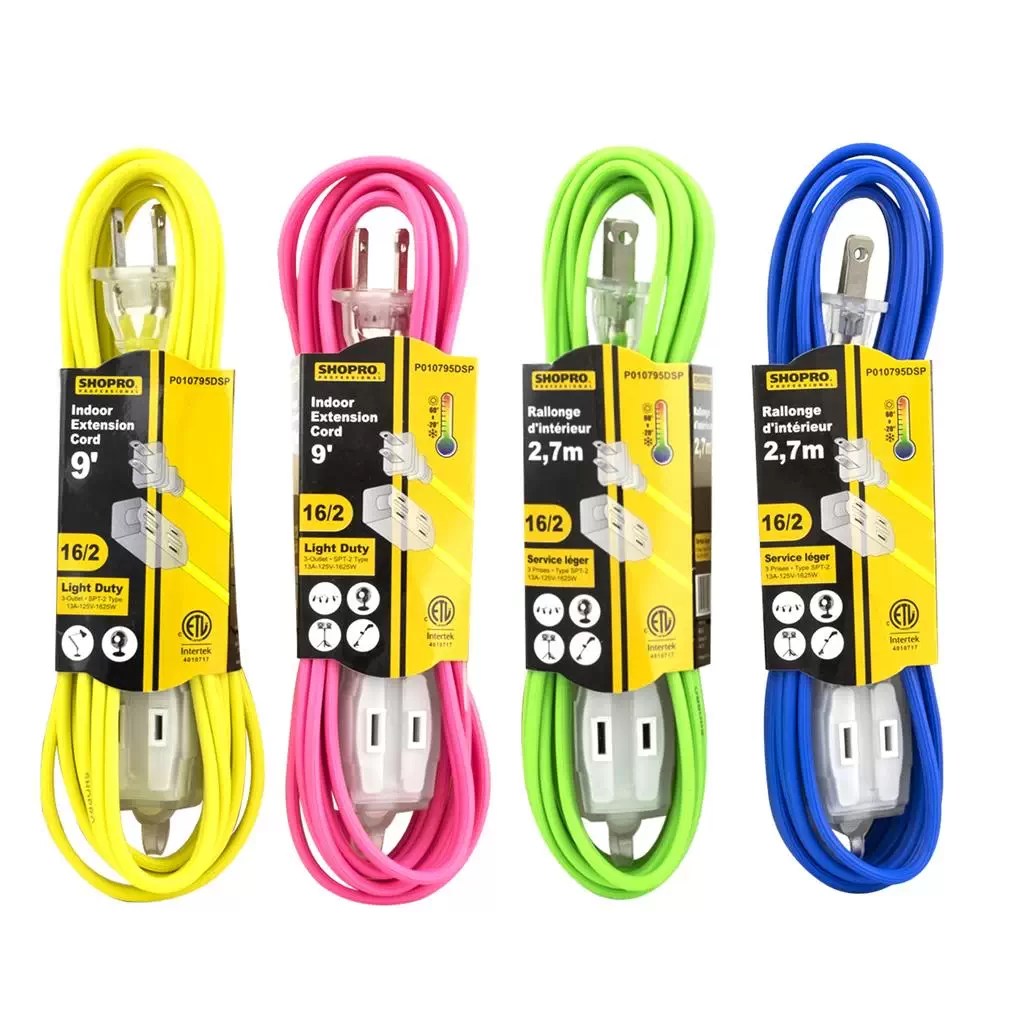 SHOPRO ESSENTIALS P010795DSP 9' 16/2 3-Outlet Indoor Extension Cords - Mixed Colours