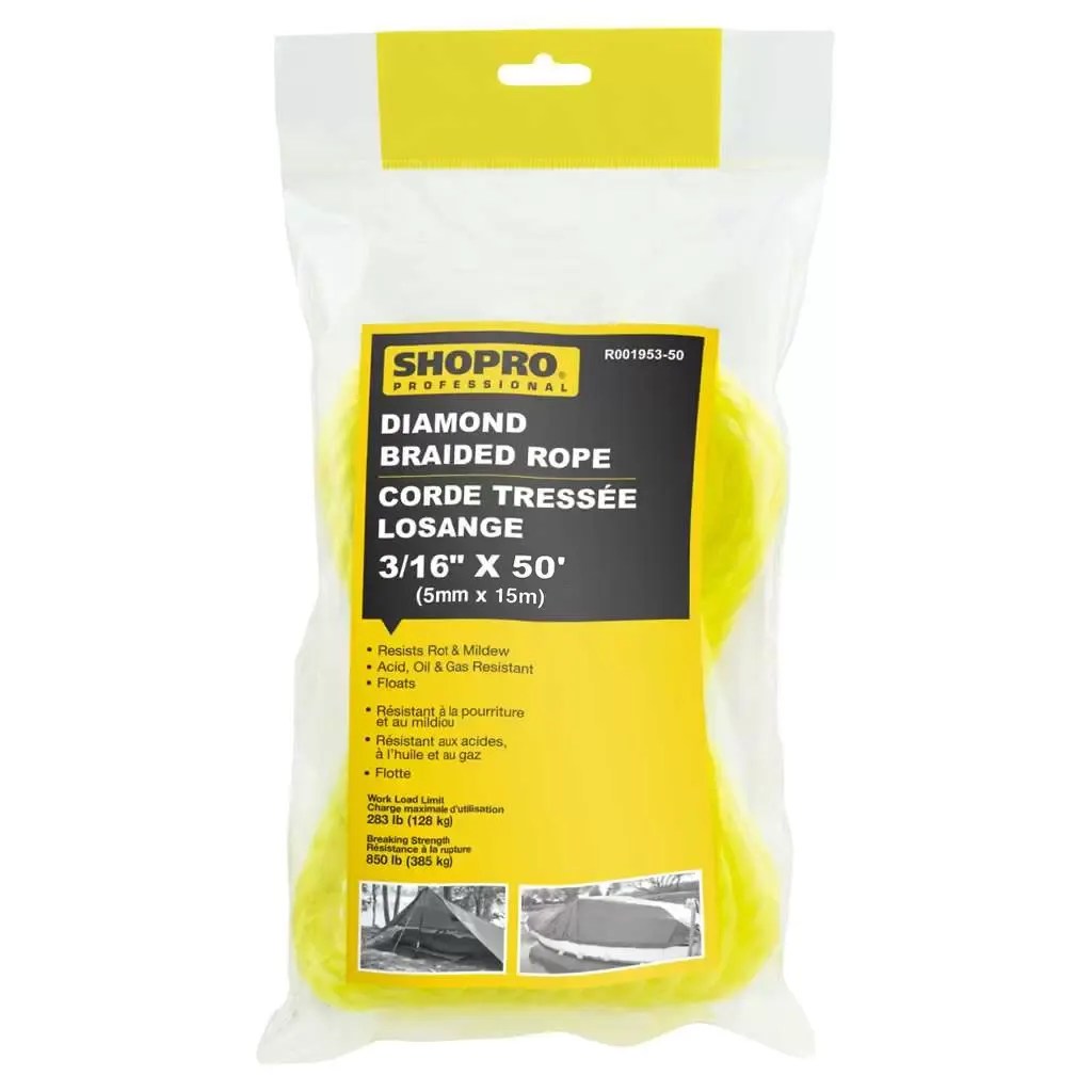 SHOPRO R00195350 5/16" x 50' Yellow Braided Polypropylene Rope