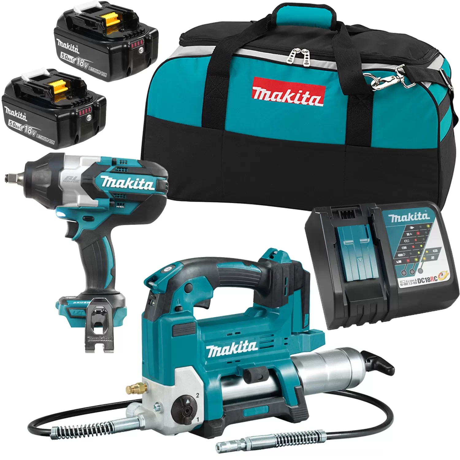 Makita DLX2465TX1 18V LXT Cordless 2PC Combo Kit (2) 5A Batteries (1) Charger (DGP180Z+DTW1002Z)
