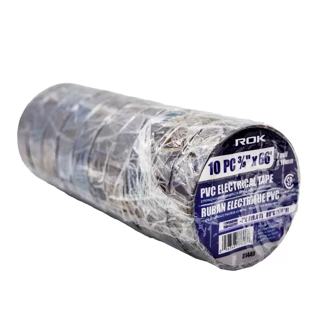 ROK 31440 Black 3/4" X 66' 7ML PVC Electrical Tape, 10pc