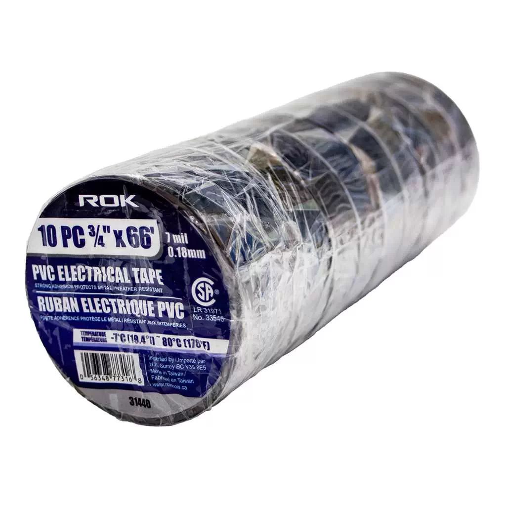 ROK 31440 Black 3/4" X 66' 7ML PVC Electrical Tape, 10pc