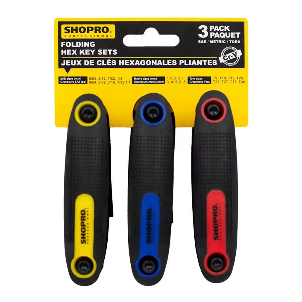 SHOPRO H005380 3Pc 3-in-1 Folding Hex Key (SAE & Metric) and Torx Set