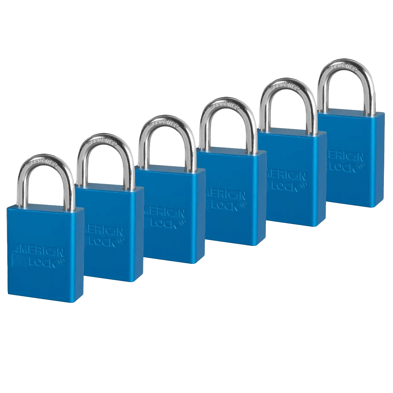 American Lock A1105KAS6BLU Blue Anodized Aluminum Safety Padlock, 1-1/2″ (38mm) Wide with 1″ (25mm) Tall Shackle, 6PK Keyed-Alike