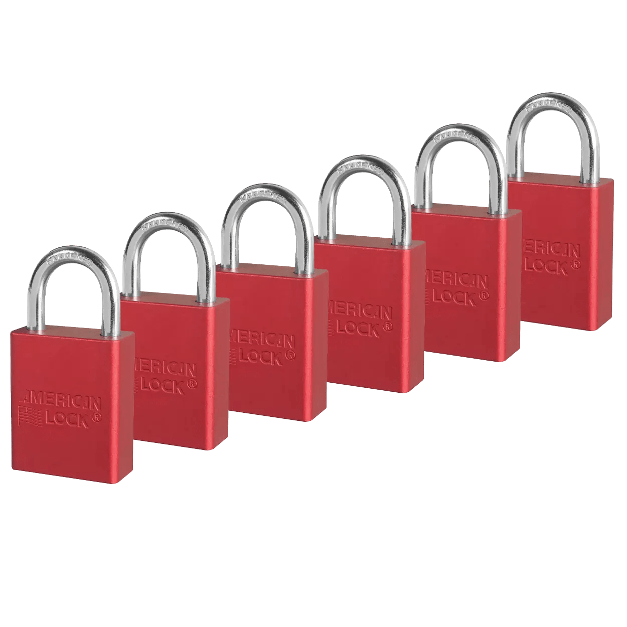 American Lock A1105KAS6RED Red Anodized Aluminum Safety Padlock, 1-1/2″ (38mm) Wide with 1″ (25mm) Tall Shackle, 6PK Keyed-Alike