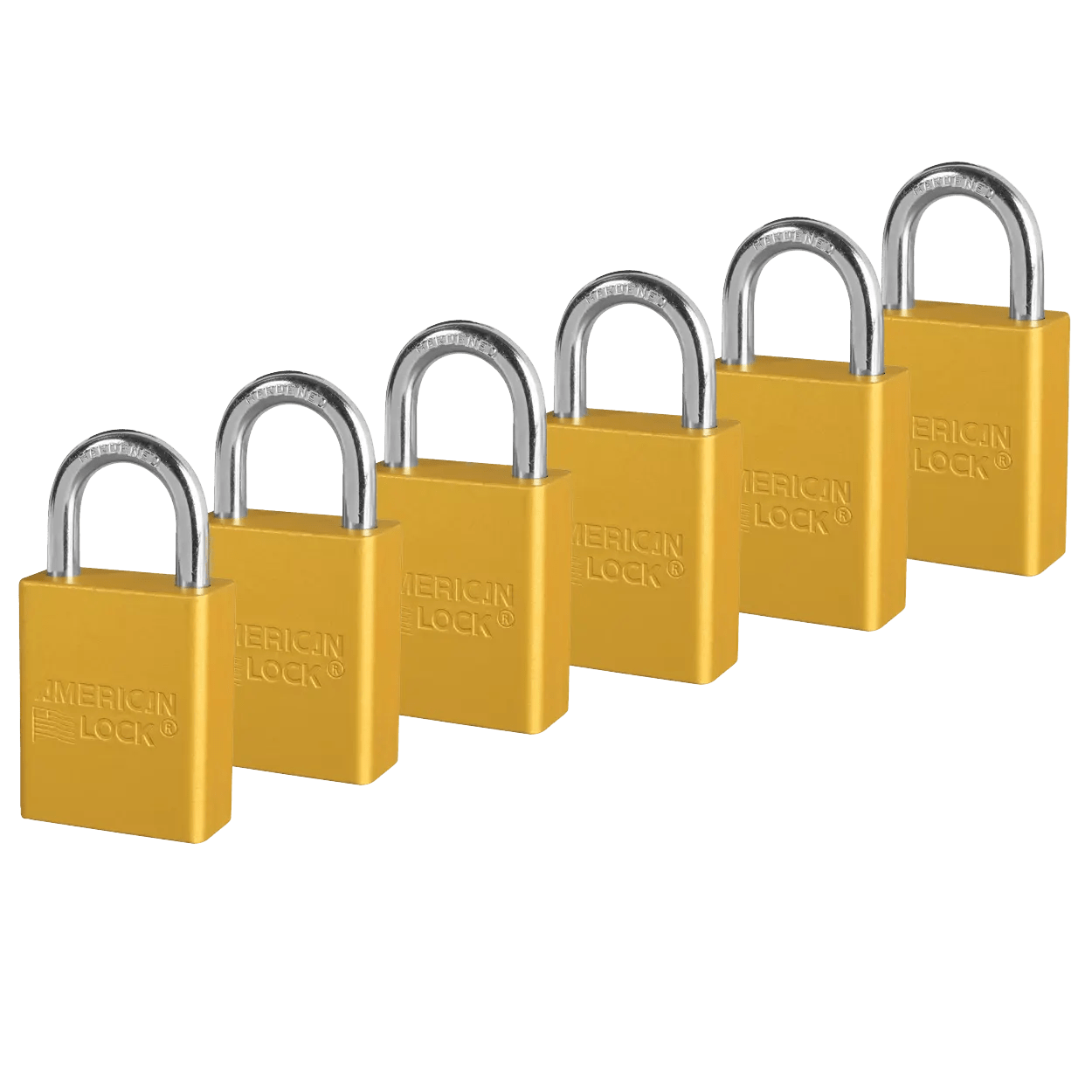 American Lock A1105KAS6YLW Yellow Anodized Aluminum Safety Padlock, 1-1/2″ (38mm) Wide with 1″ (25mm) Tall Shackle, 6PK Keyed-Alike
