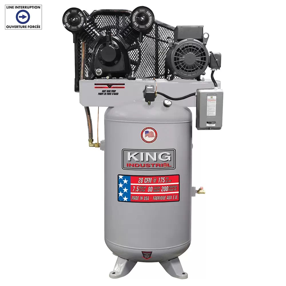 King Industrial KC-7180V3-MS 7.5HP 80 Gallon Compressor, 28.5 CFM @ 175 PSI, 240V 33A