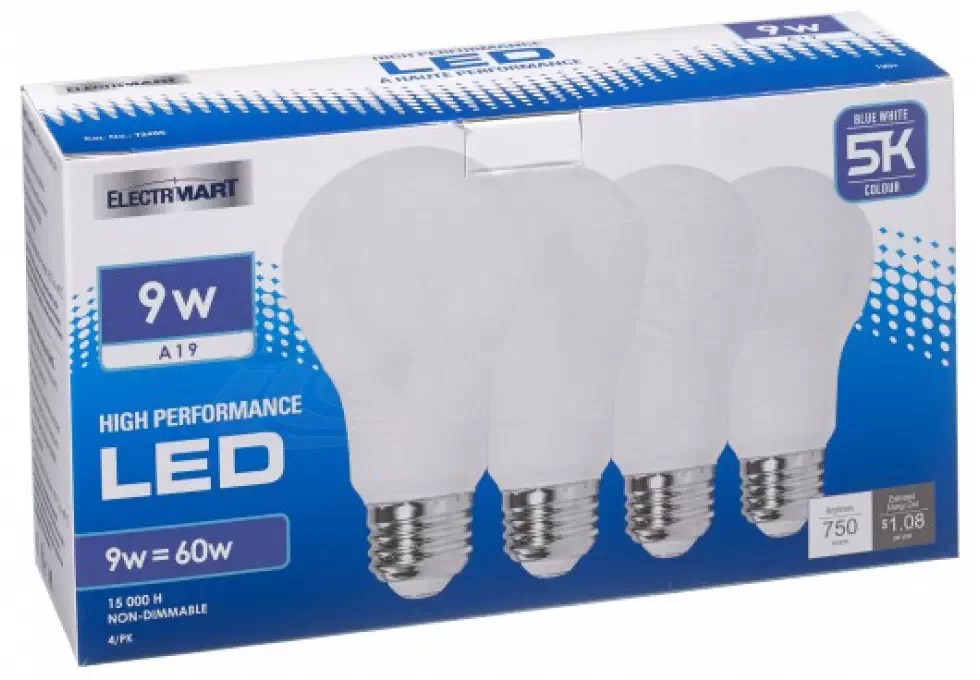 Electrimart 72303 9W LED A19 Light Bulb Warm White, 4 Pack