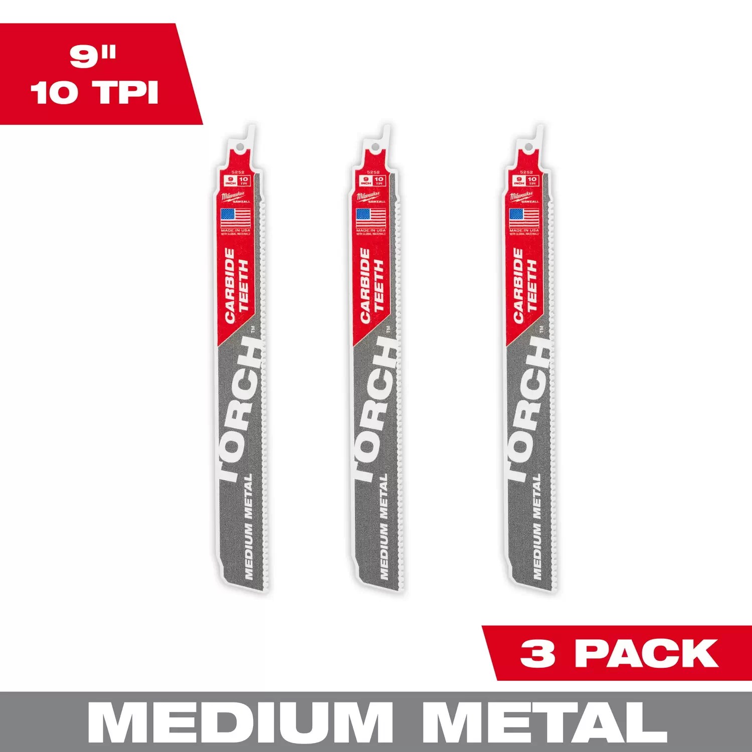 Milwaukee 48-00-5352 9" x 10 TPI The Torch Carbide SAWZALL Blade for Medium Metal 3PK