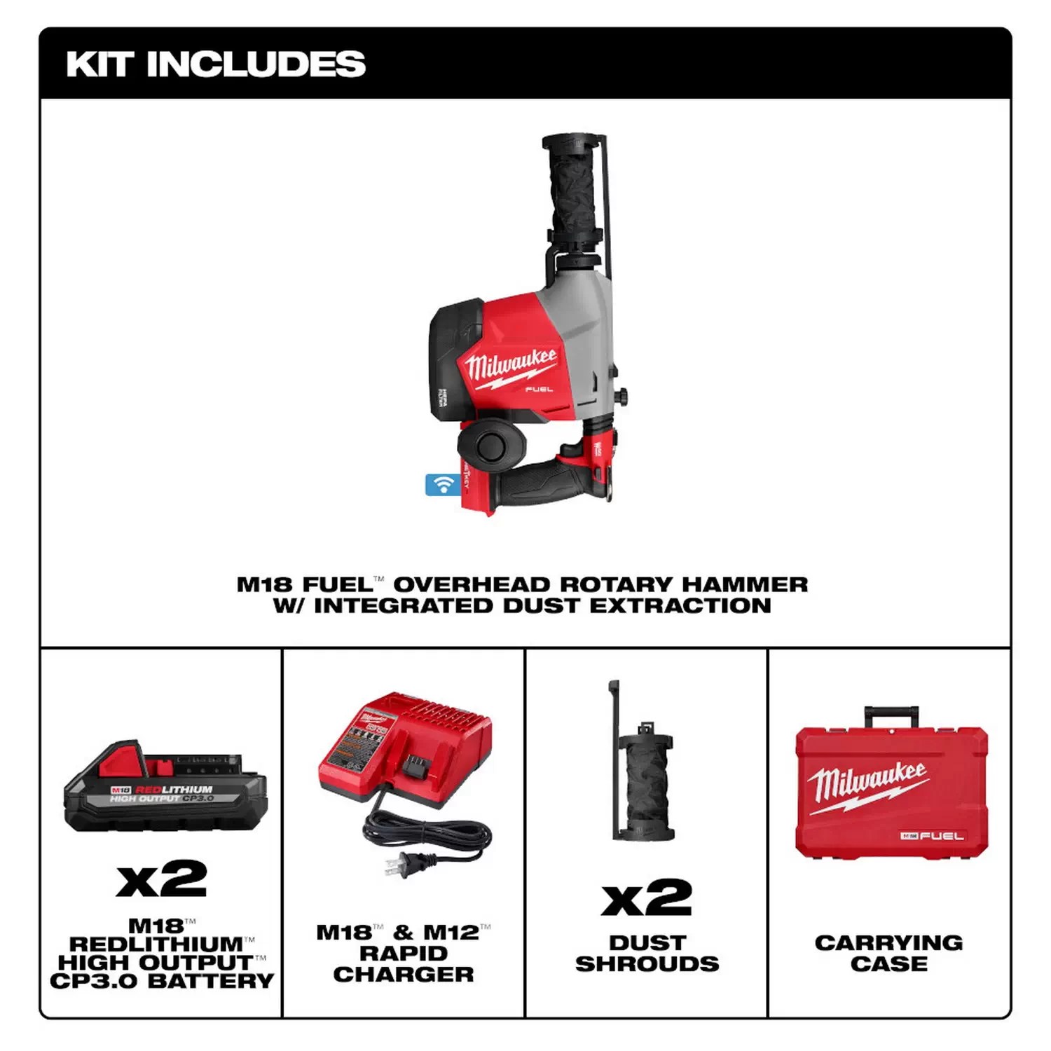 Milwaukee 3311-22 M18 FUEL Overhead Rotary Hammer w/ Integrated Dust Extraction