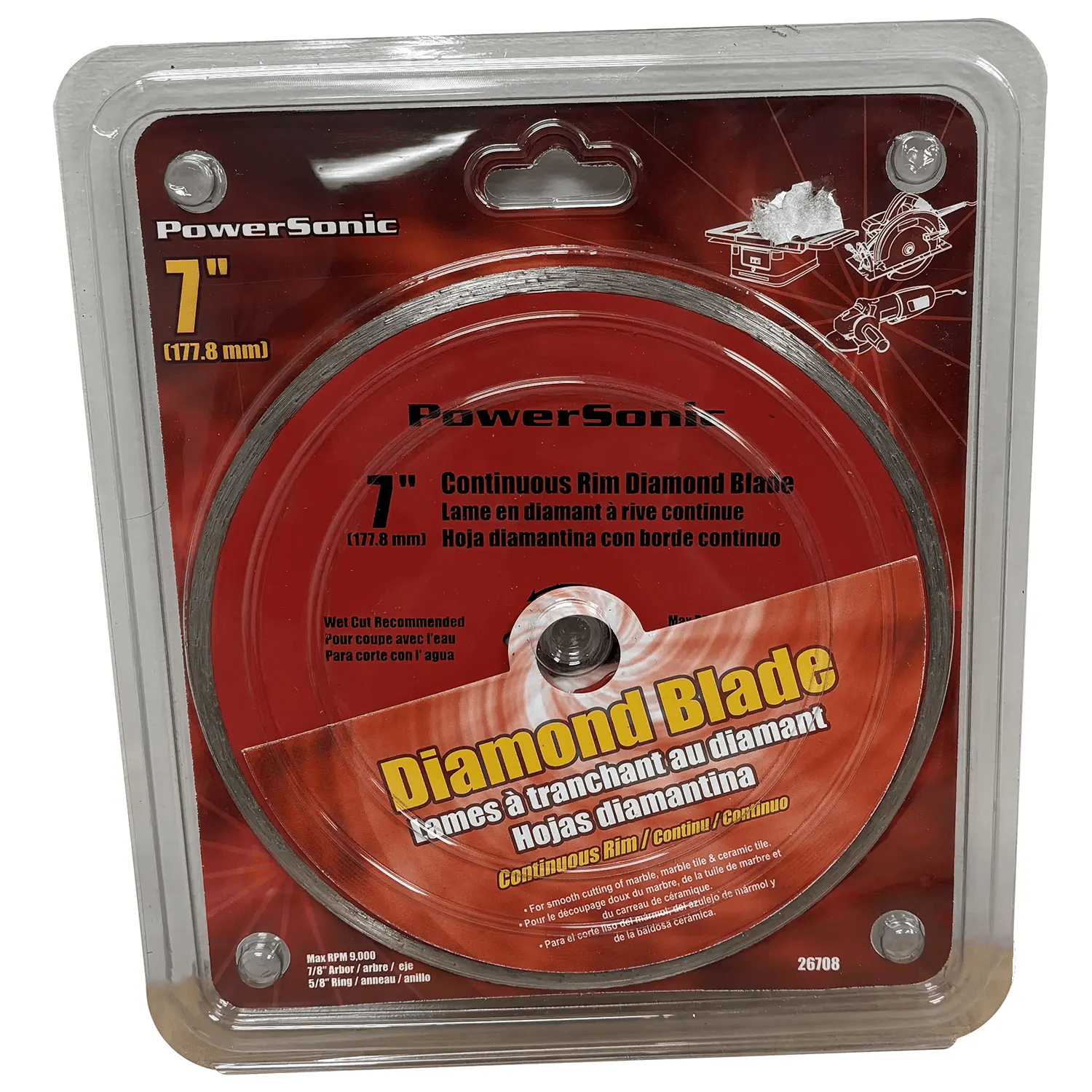 PowerSonic 26708 7" Continuous Rim Diamond Blade, 7/8" Arbor with 5/8"