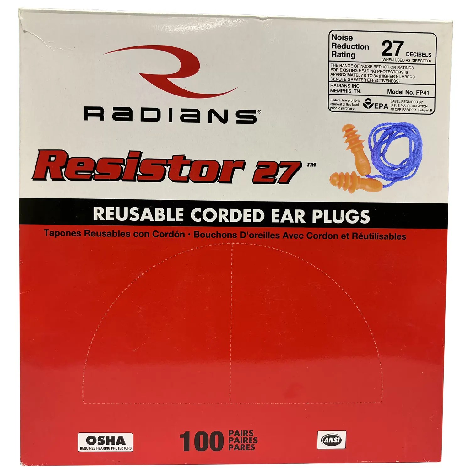 Radians FP41 Resistor 27DB Reusable Corded Ear Plugs, Box 100 Pairs