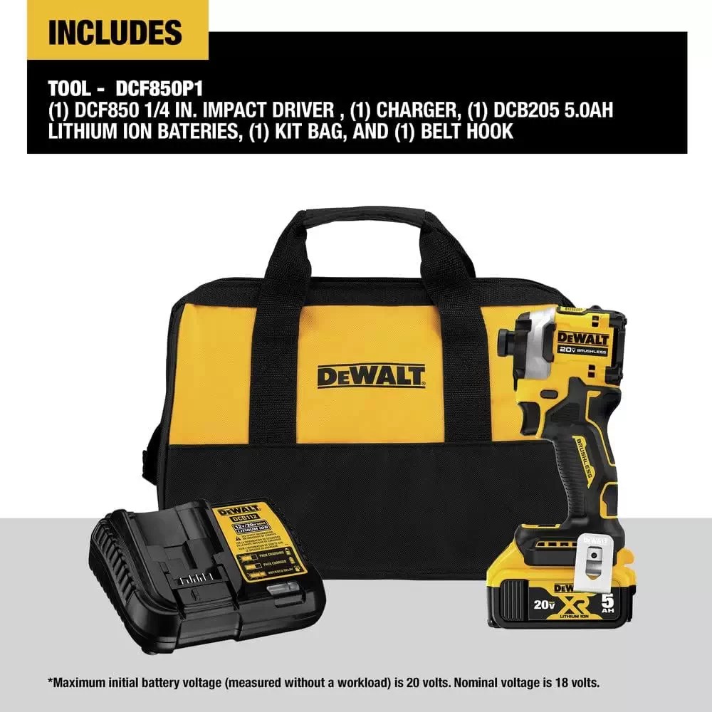 DEWALT DCF850P1 ATOMIC 20V MAX 1/4" Brushless 3-Speed Impact Driver Kit, 5Ah