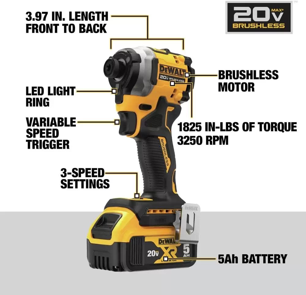 DEWALT DCF850P1 ATOMIC 20V MAX 1/4" Brushless 3-Speed Impact Driver Kit, 5Ah