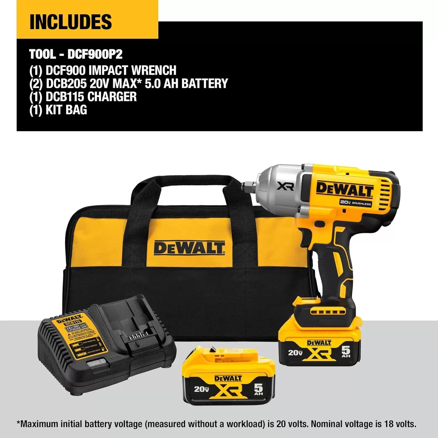 Dewalt DCF900P2 20V MAX XR High Torque 1/2" Impact Wrench Kit, 5Ah