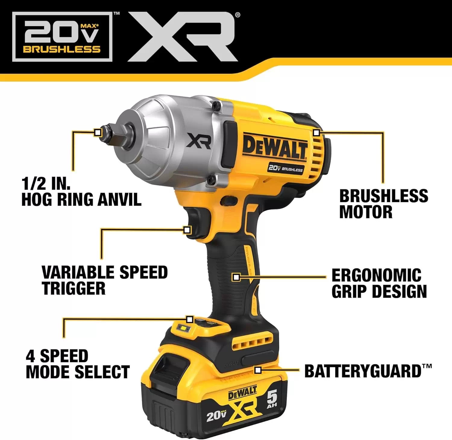 Dewalt DCF900P2 20V MAX XR High Torque 1/2" Impact Wrench Kit, 5Ah