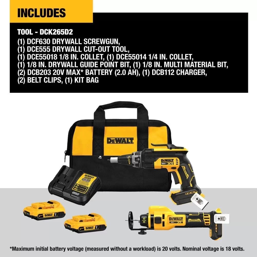 DEWALT DCK265D2 20V MAX XR Brushless Drywall Screwgun & Cut-Out Saw Kit, 2Ah