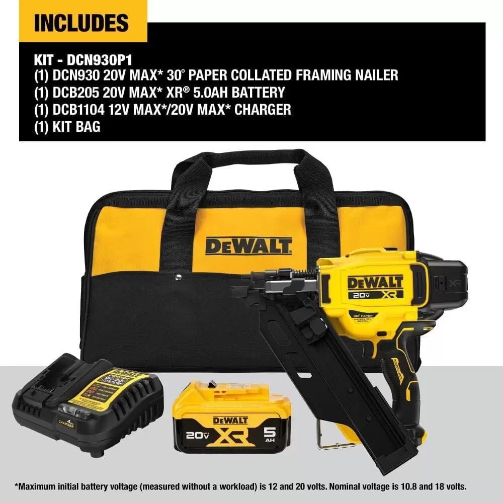Dewalt DCN930P1 20V MAX 2"-3-1/2" 30° Paper Collated Framing Nailer Kit, 5AH