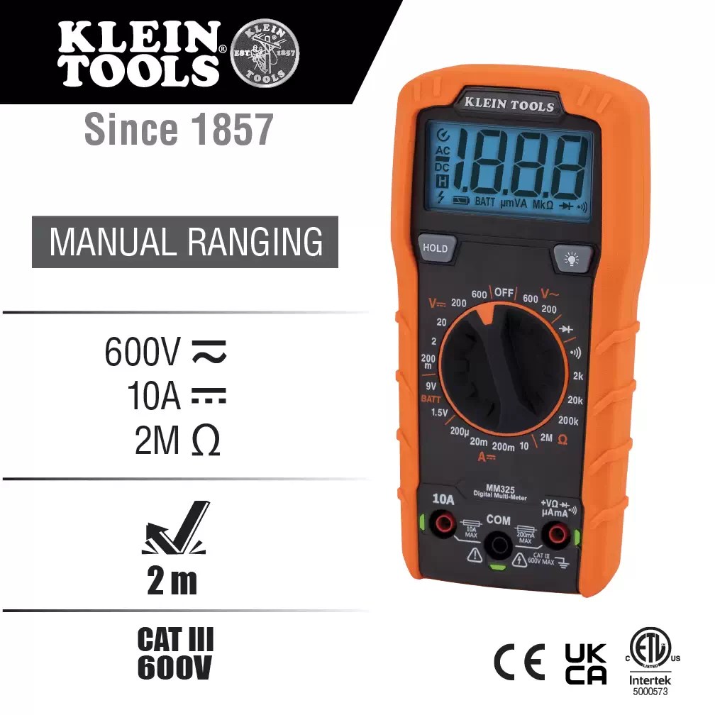 Klein MM325 600V AC/DC Manual-Ranging Digital Multimeter