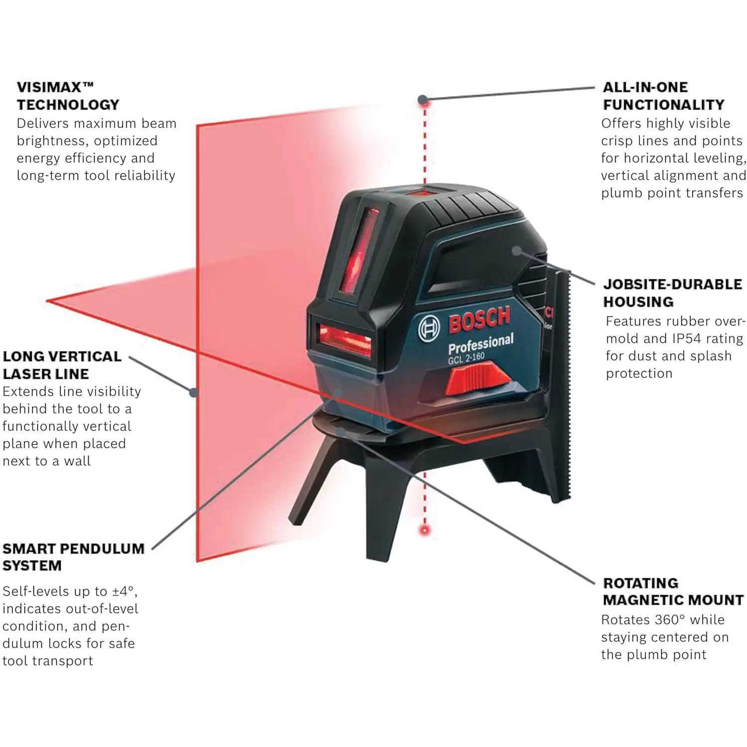 Bosch GCL 2-160 Professional Red Beam Self-Leveling Cross-Line Laser with Plumb Points