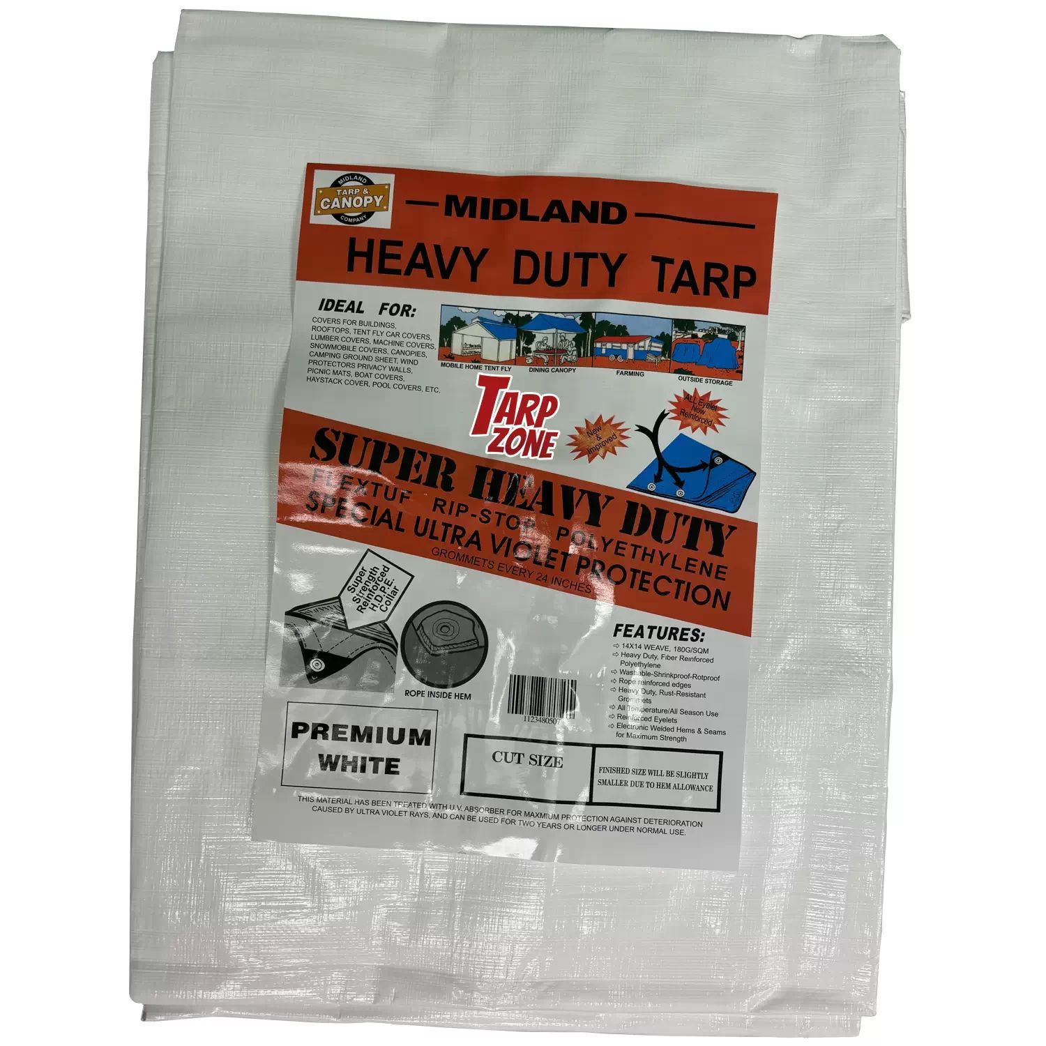 TarpZone 1014W 10' x 14' Premium Heavy Duty 10mil White Tarp with 14x14 Weave