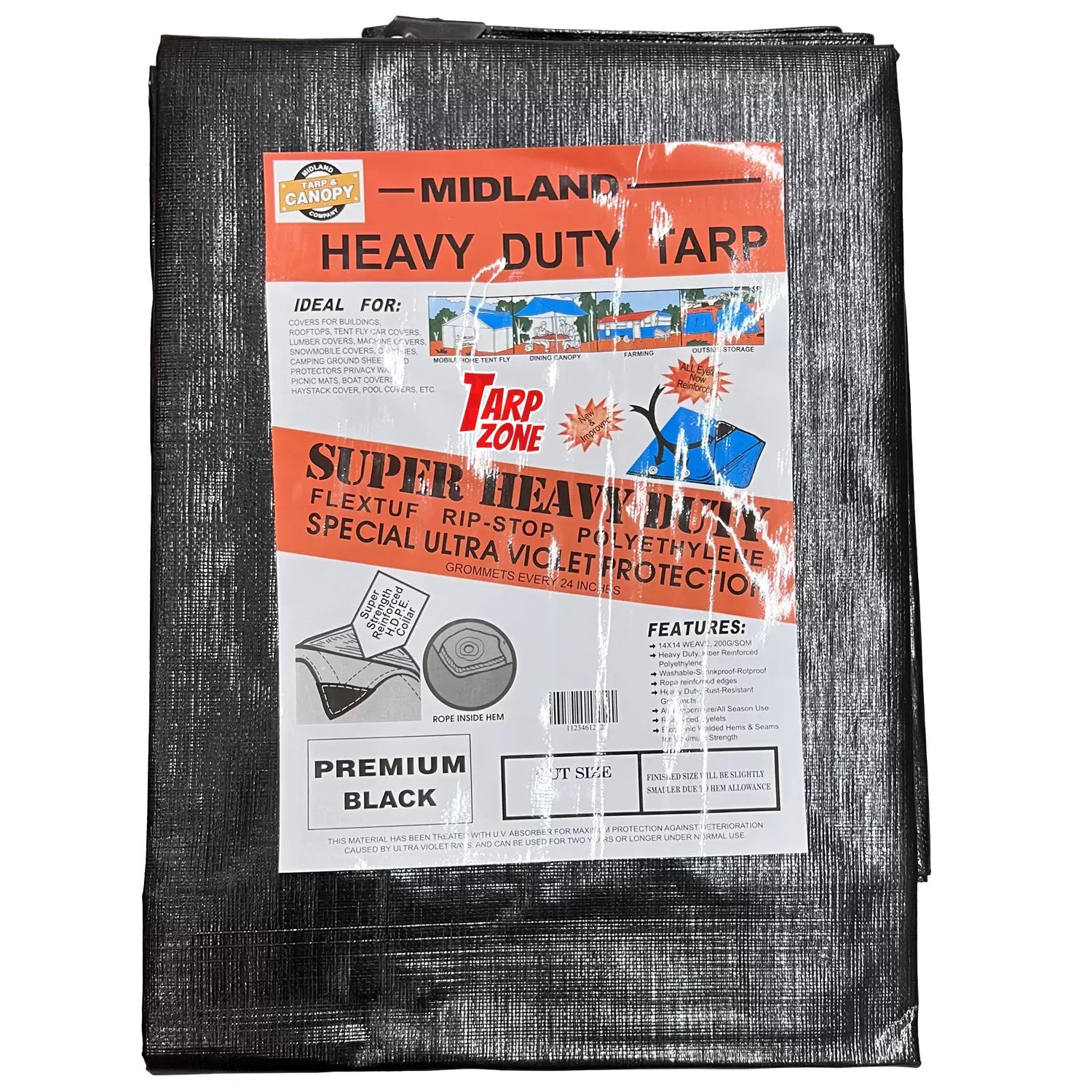 TarpZone 2040BK 20' x 40' Heavy Duty 12mil Premium Black Tarp with 14x14 Weave