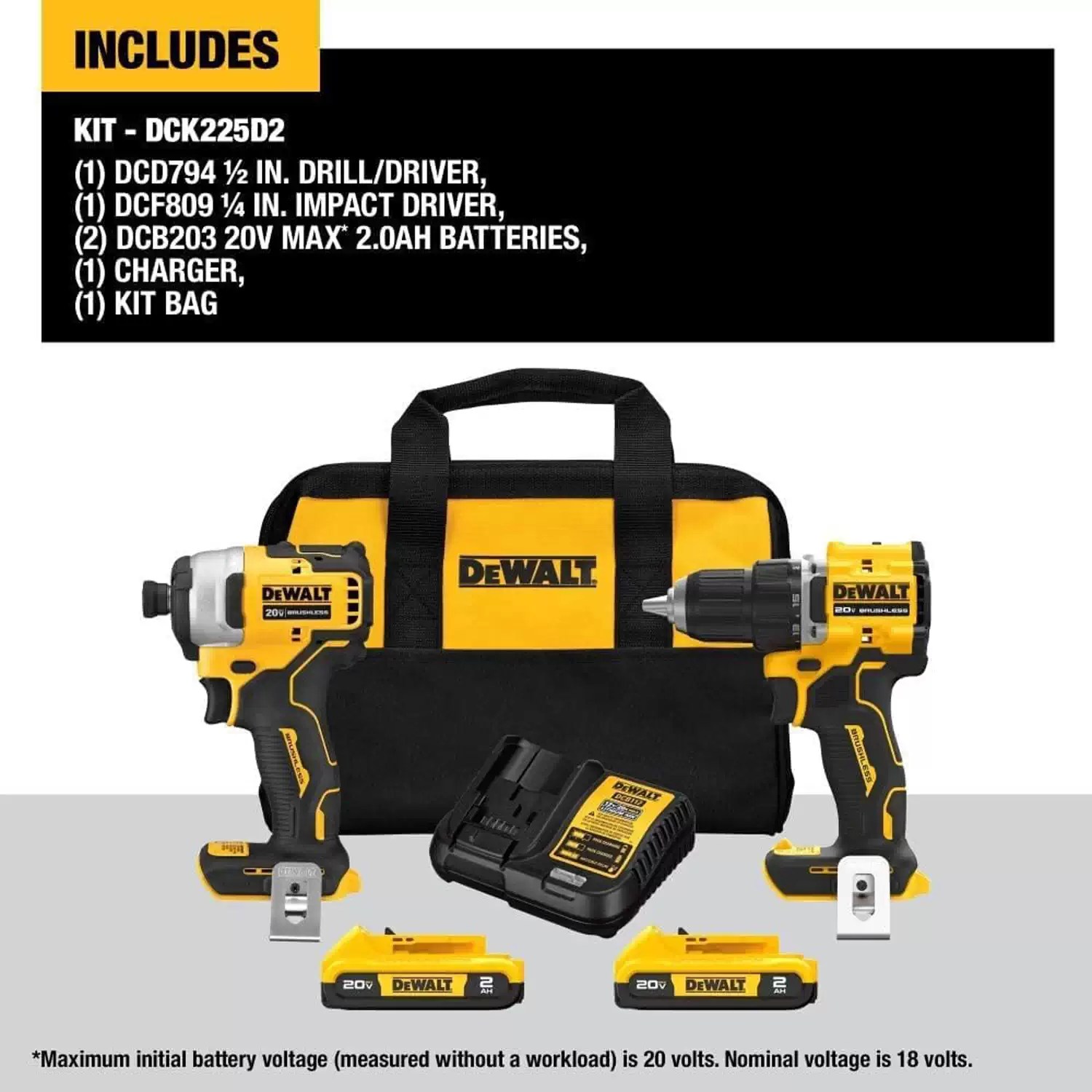 Dewalt DCK225D2 ATOMIC 20V MAX Brushless Compact Drill/Driver & Impact Driver Combo Kit