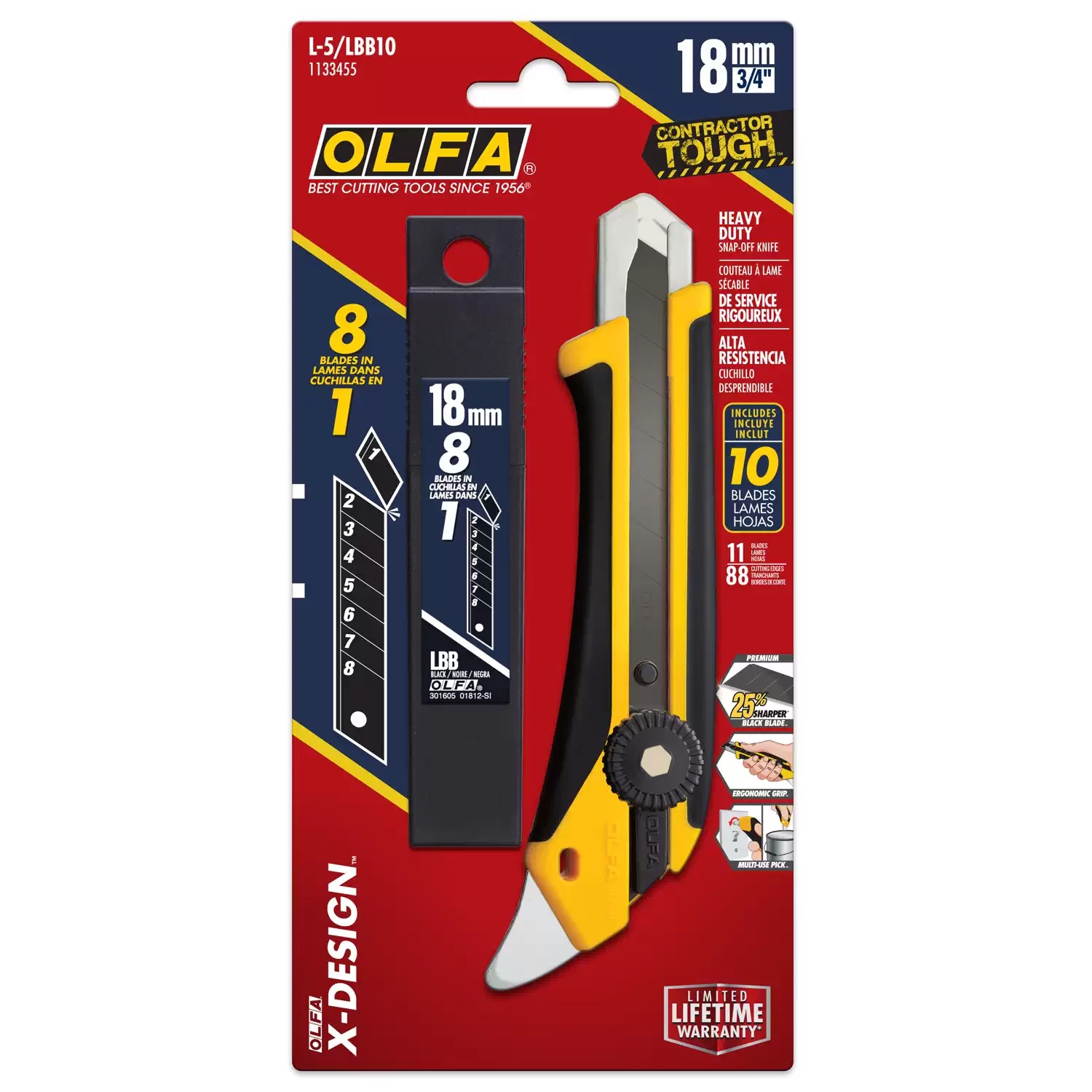 OLFA L-5-LBB10 18mm Fiberglass Utility Knife with Multi Pick & 10PK LBB Blades