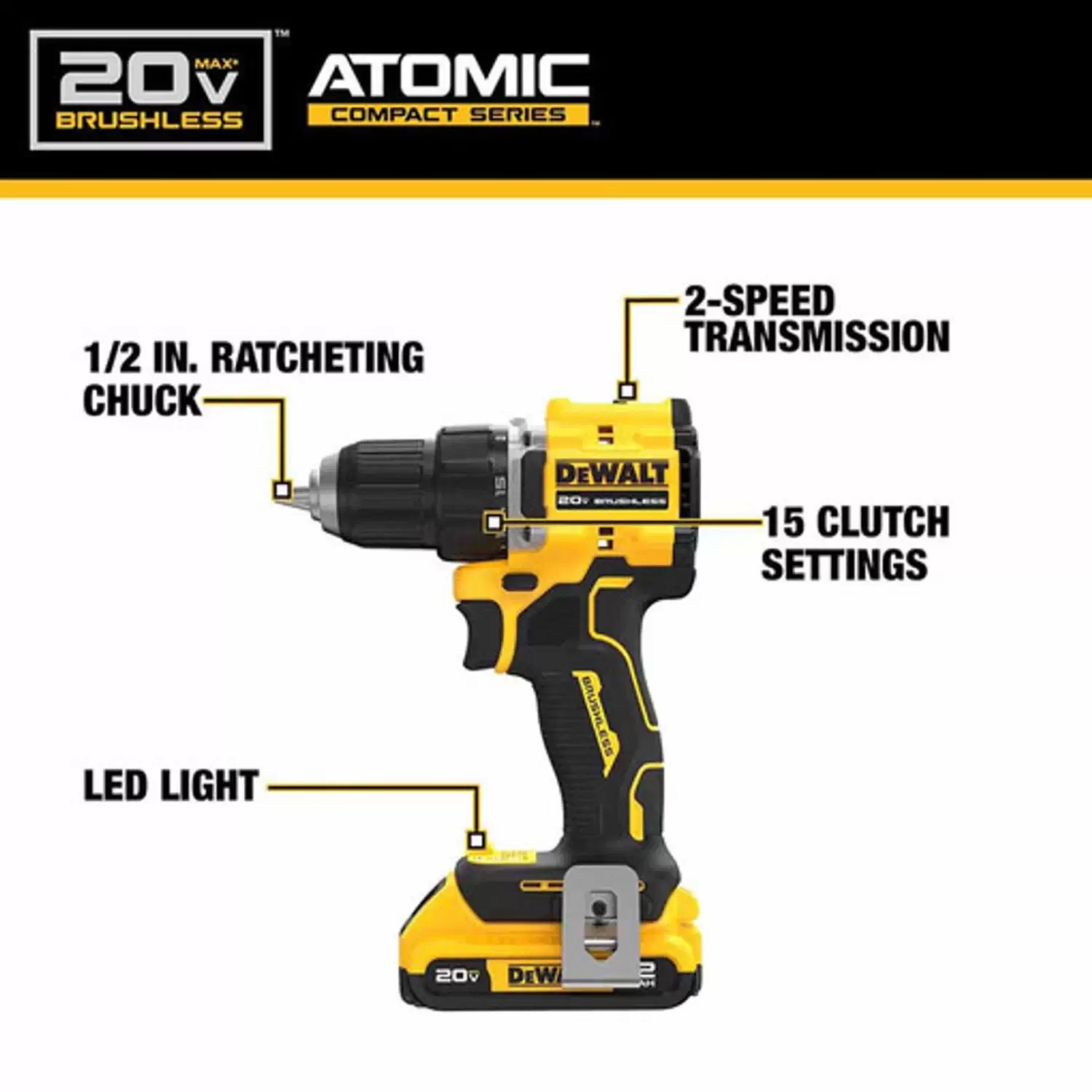 Dewalt DCD794D1 20V MAX Atomic Cordless Brushless Compact Drill/Driver (2) 2AH Kit