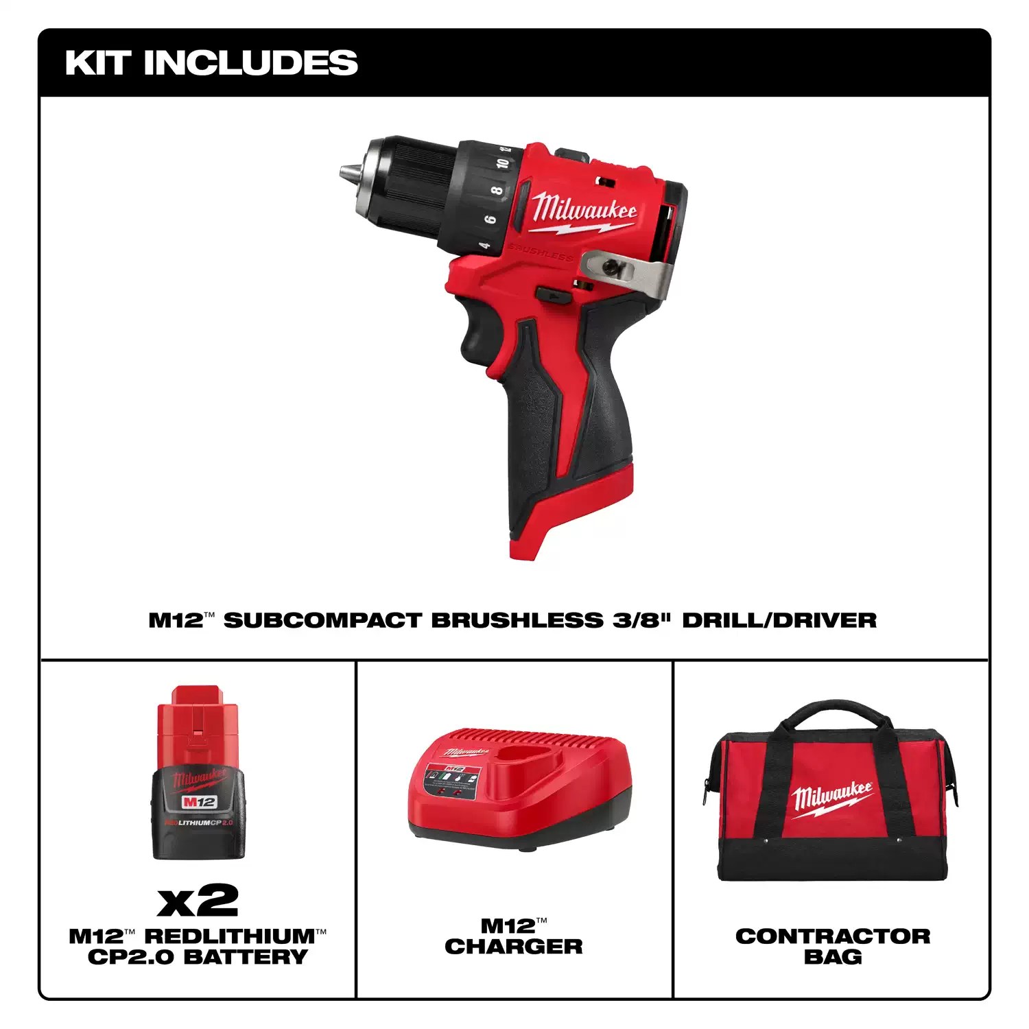 Milwaukee 3401-22 M12 Subcompact Brushless 3/8" Drill Driver (2) 2AH Kit