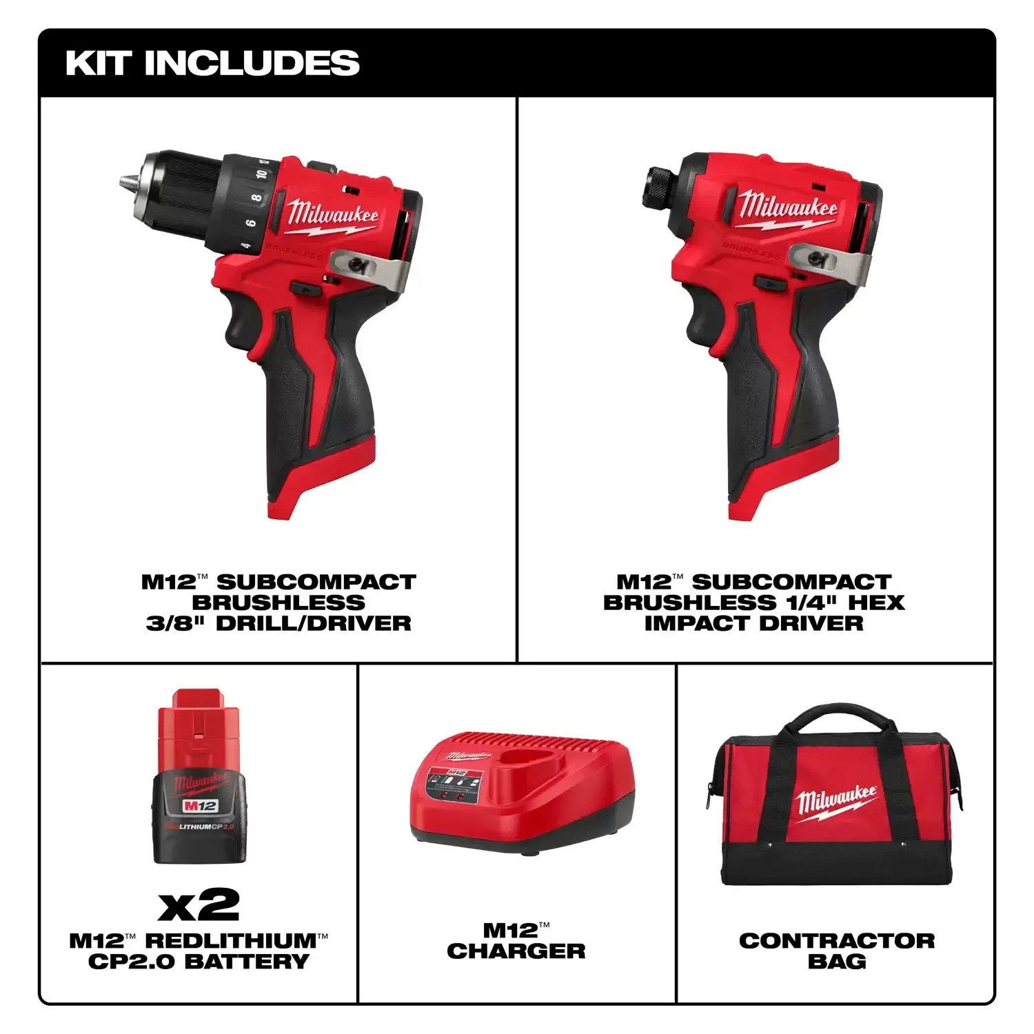 Milwaukee 3494-22 M12 Subcompact Brushless 3/8" Drill/Driver & 1/4" Impact Combo Kit