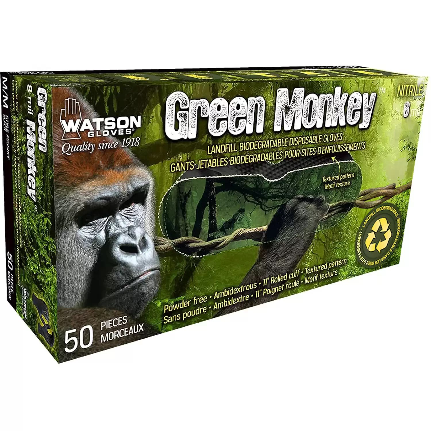 Watson 5558PFM 8Mil Medium Green Monkey Disposable Nitrile Gloves - Box of 50
