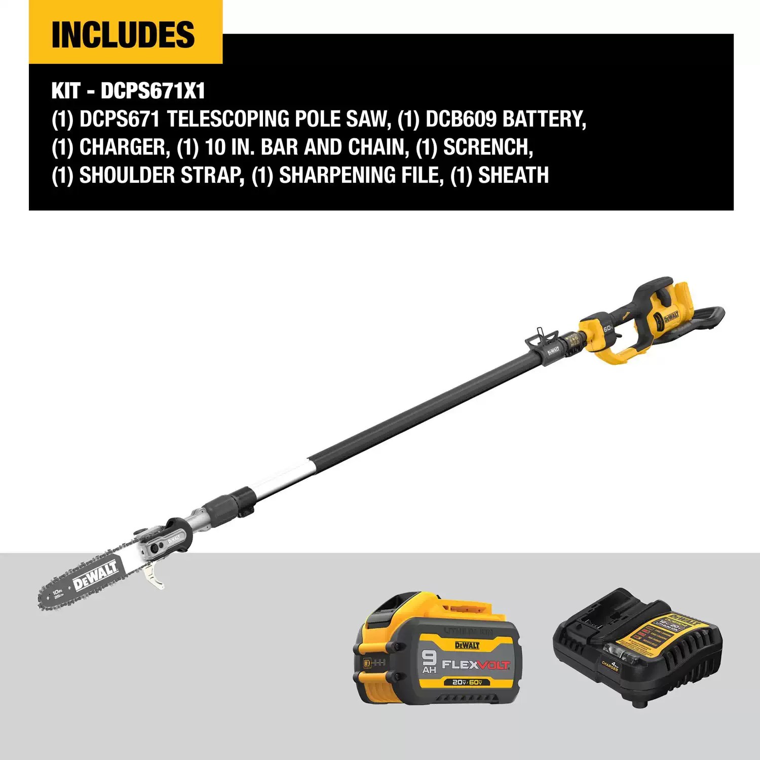 DEWALT DCPS671X1 60V MAX 8" Cordless Telescoping Pole Saw Kit (1) 9AH