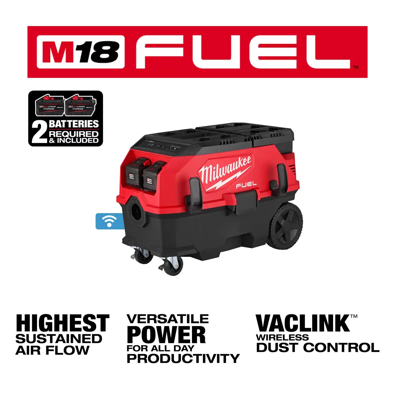 Milwaukee 0888-22HD M18 FUEL 9 Gal Dual Battery Dust Extractor w/ PACKOUT Compatibility & VACLINK (2) 12Ah Kit