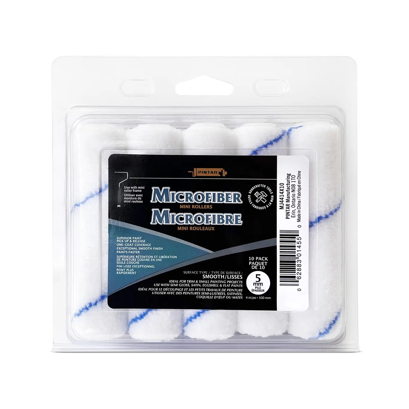 Pintar Manufacturing MJ4414X10 – 10 Pack 4" x 6mm Microfiber Mini Paint Roller Refills – Fine-Finish Rollers for Smooth Surfaces