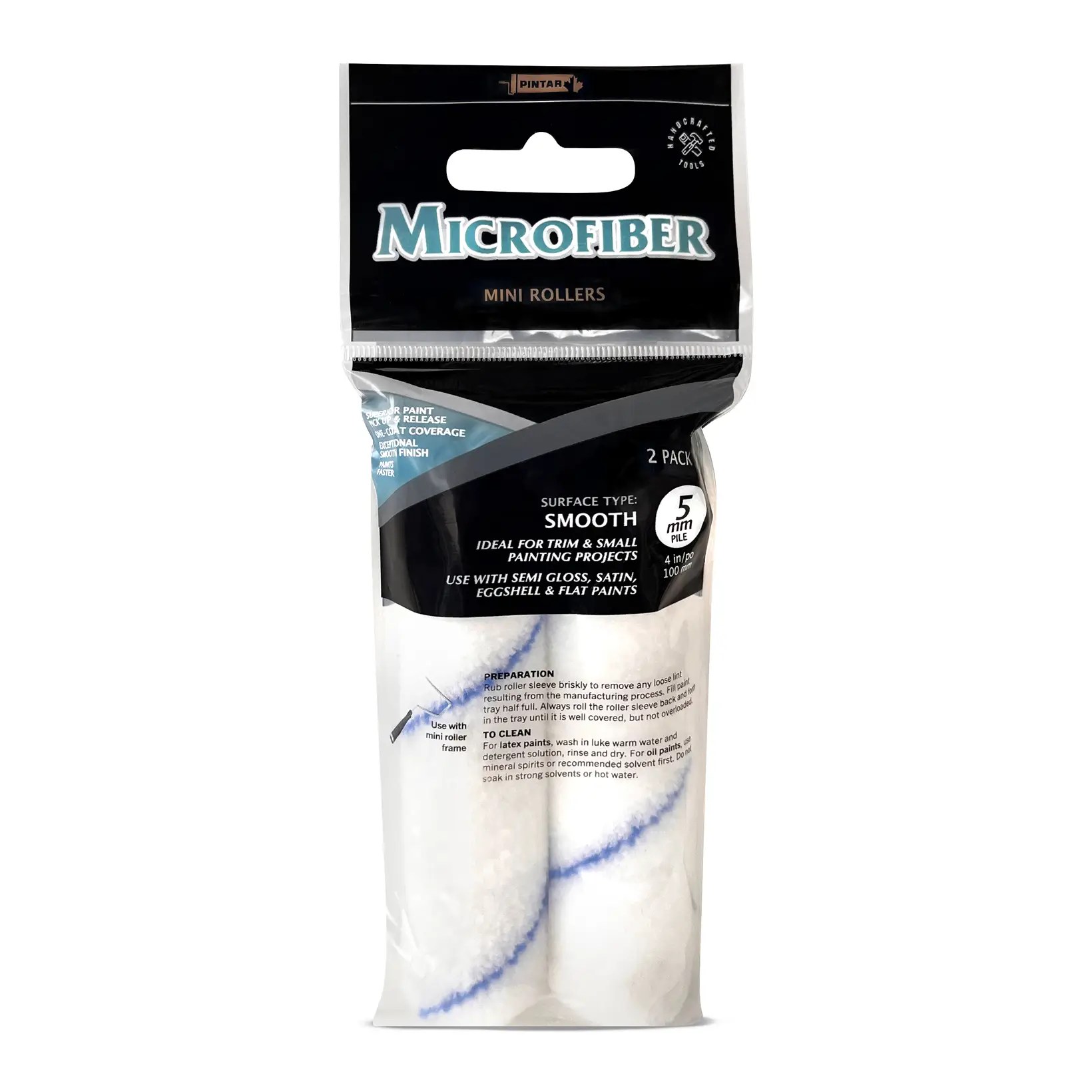 Pintar Manufacturing MJ4414X2 – 2 Pack 4" x 5mm Microfiber Mini Paint Roller Refills – Fine-Finish Rollers for Smooth Surfaces