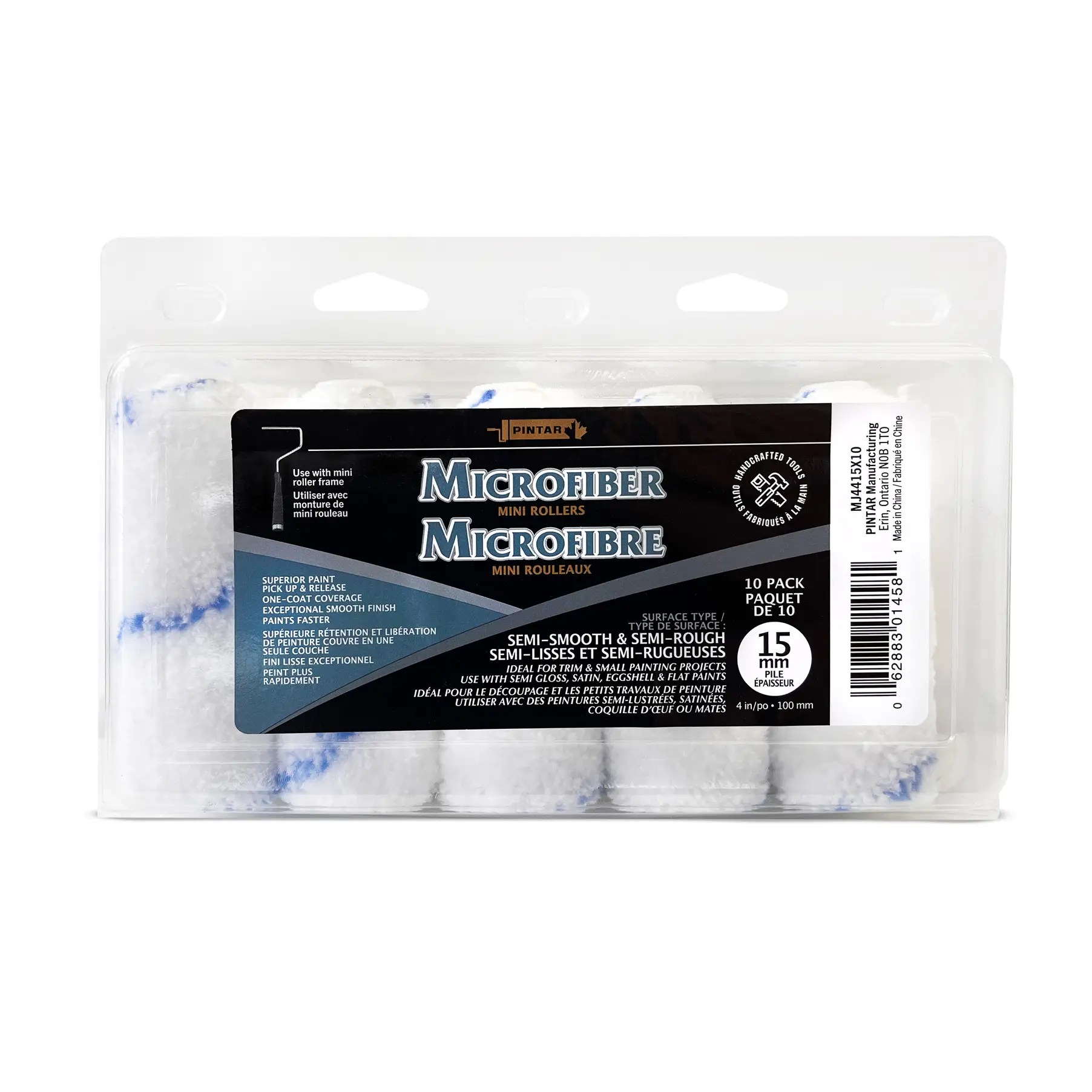 Pintar Manufacturing MJ4415X10 – 10 Pack 4" x 15mm Microfiber Mini Paint Roller Refills – High-Capacity Rollers for Semi-Smooth & Semi-Rough Surfaces