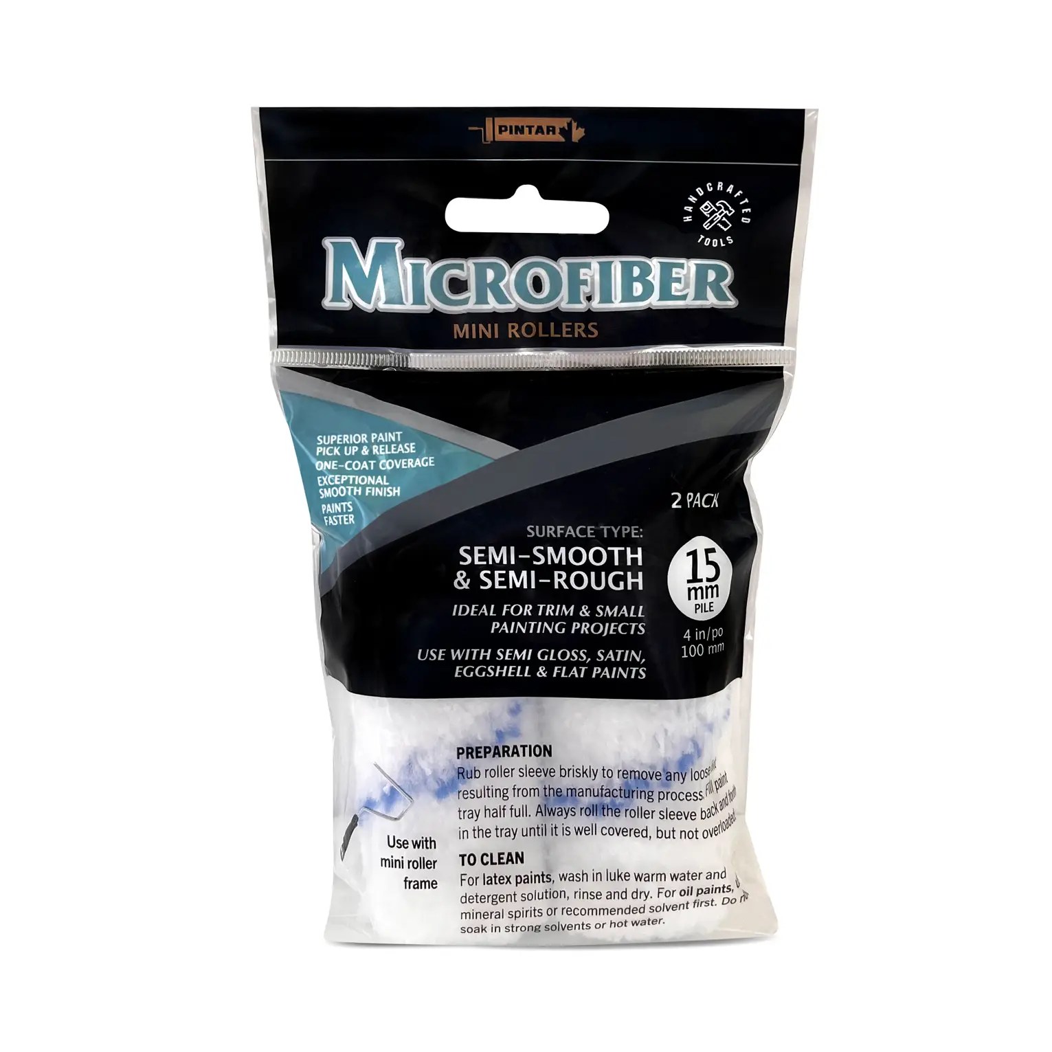 Pintar Manufacturing MJ4415X2 – 2 Pack 4" x 15mm Microfiber Mini Paint Roller Refills – High-Capacity Rollers for Semi-Smooth & Semi-Rough Surfaces