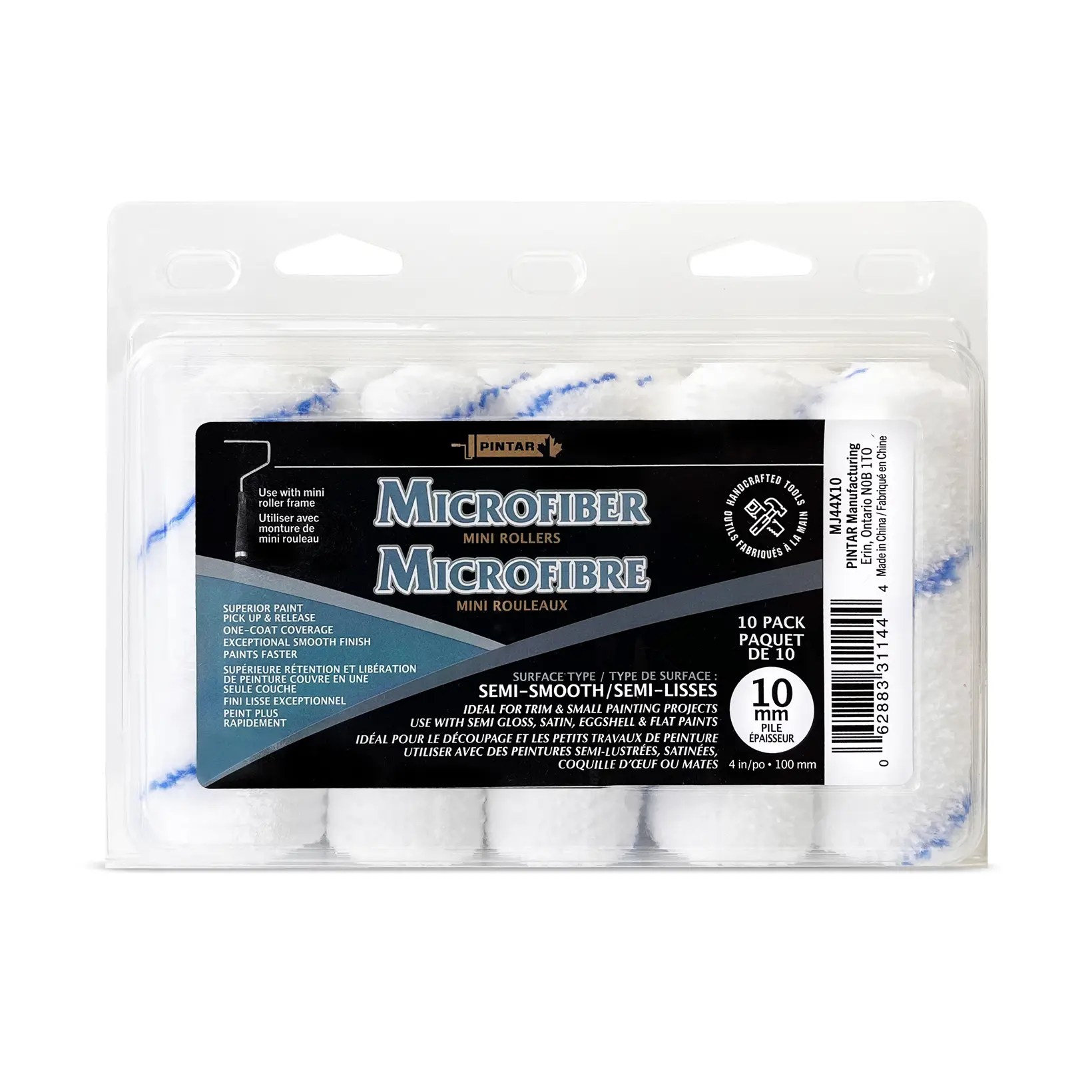 Pintar Manufacturing MJ44X10 – 10 Pack 4" x 10mm Microfiber Mini Paint Roller Refills – Versatile Rollers for Semi-Smooth Surfaces