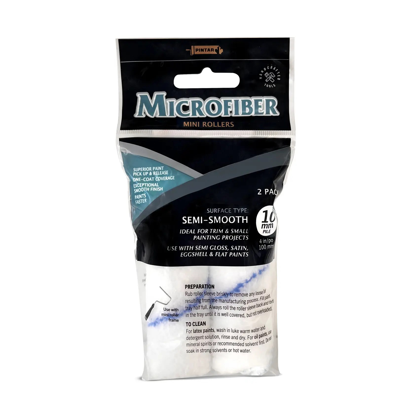 Pintar Manufacturing MJ44X2 – 2 Pack 4" x 10mm Microfiber Mini Paint Roller Refills – Versatile Rollers for Semi-Smooth Surfaces