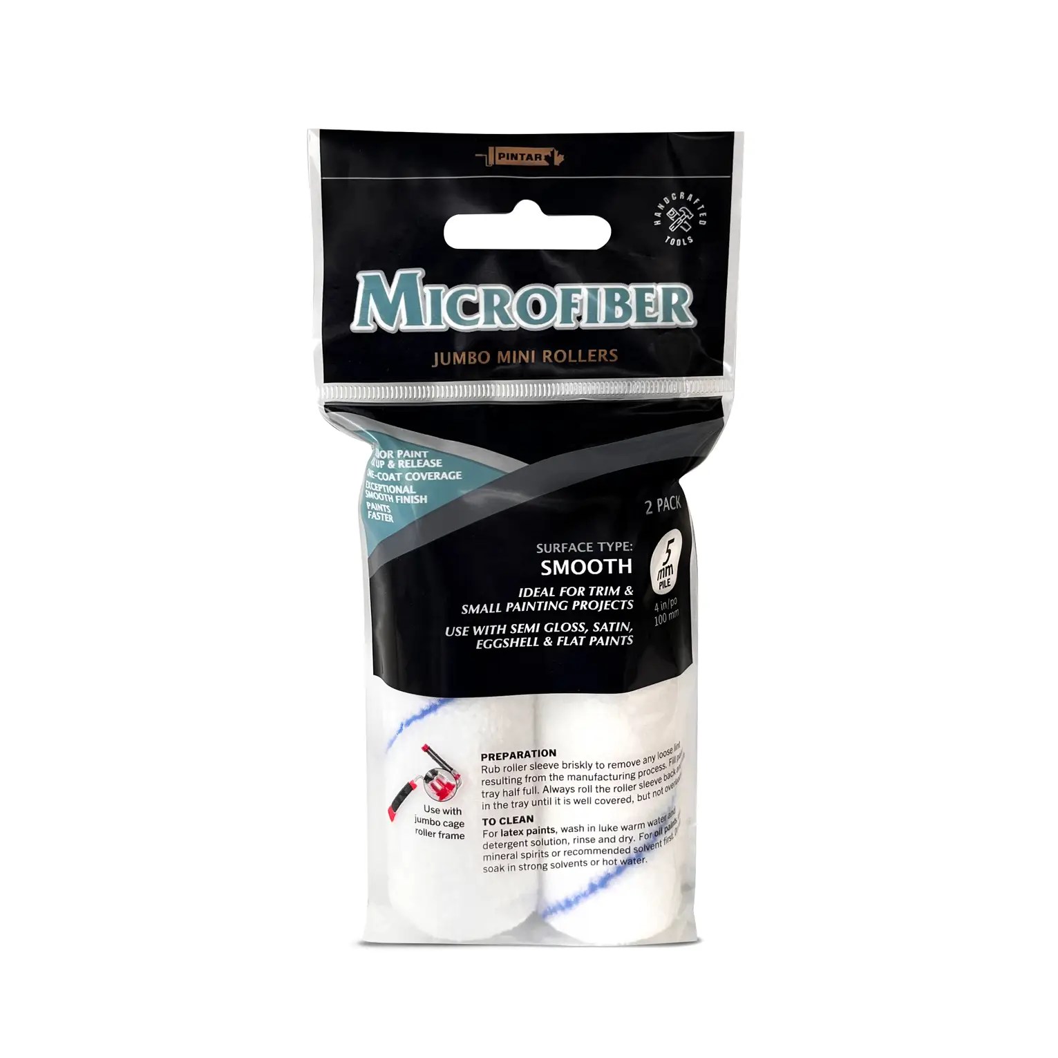 Pintar Manufacturing MJB4414X2 – 2 Pack 4" x 5mm Microfiber Jumbo Core Mini Paint Roller Refills – Fine-Finish Rollers for Smooth Surfaces