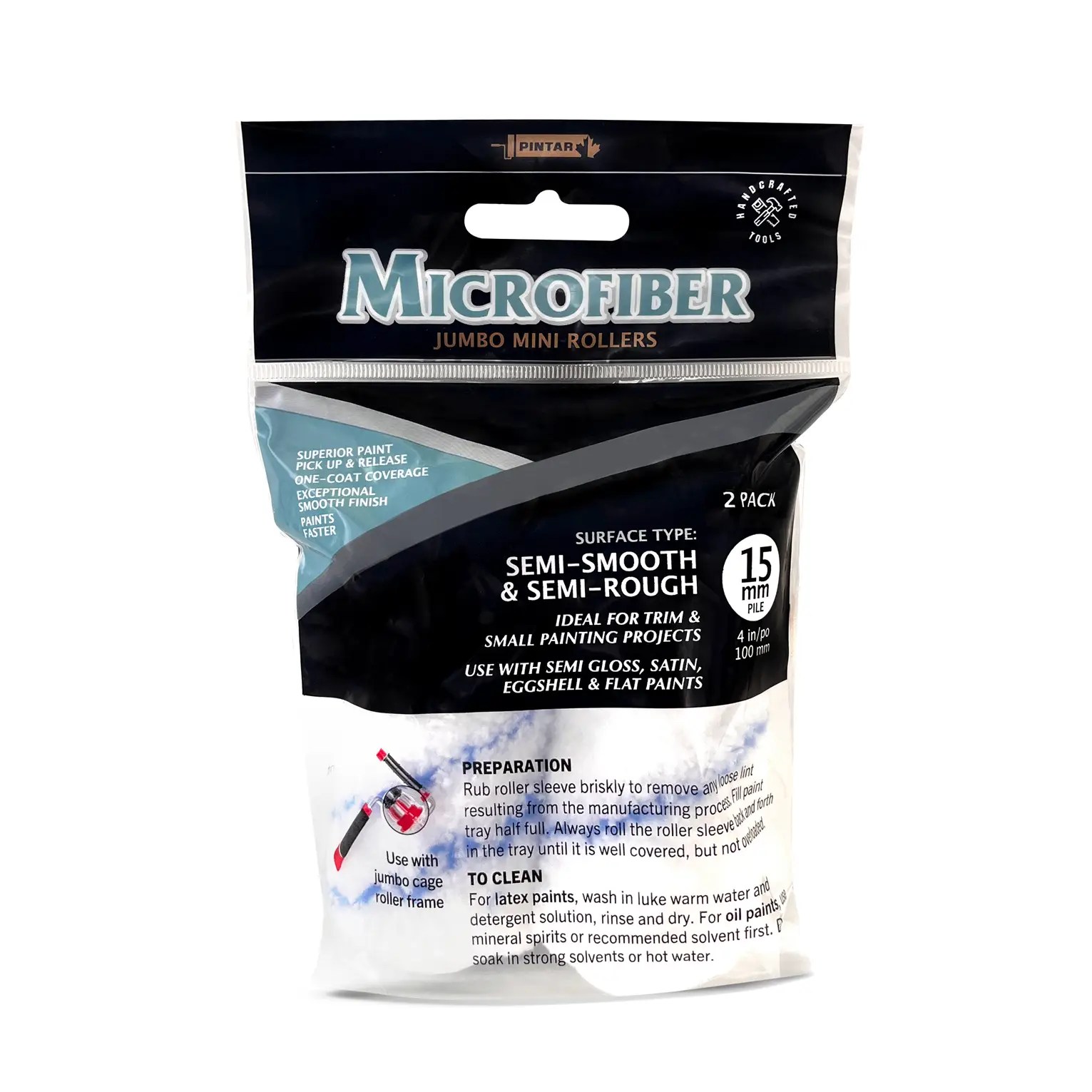 Pintar Manufacturing MJB4415X2 – 2 Pack 4" x 15mm Microfiber Jumbo Core Mini Paint Roller Refills – High-Capacity Rollers for Semi-Smooth & Semi-Rough Surfaces