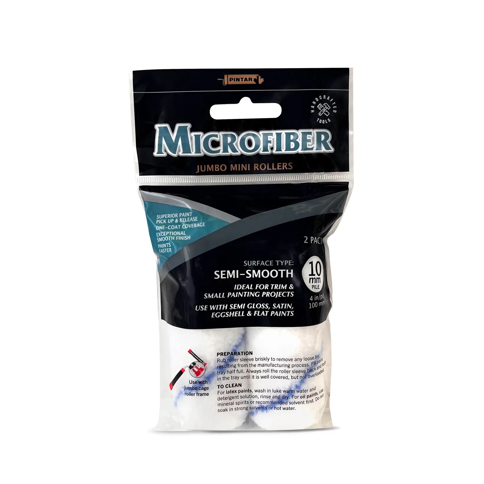 Pintar Manufacturing MJB44X2 – 2 Pack 4" x 10mm Microfiber Jumbo Core Mini Paint Roller Refills – Versatile Rollers for Semi-Smooth Surfaces