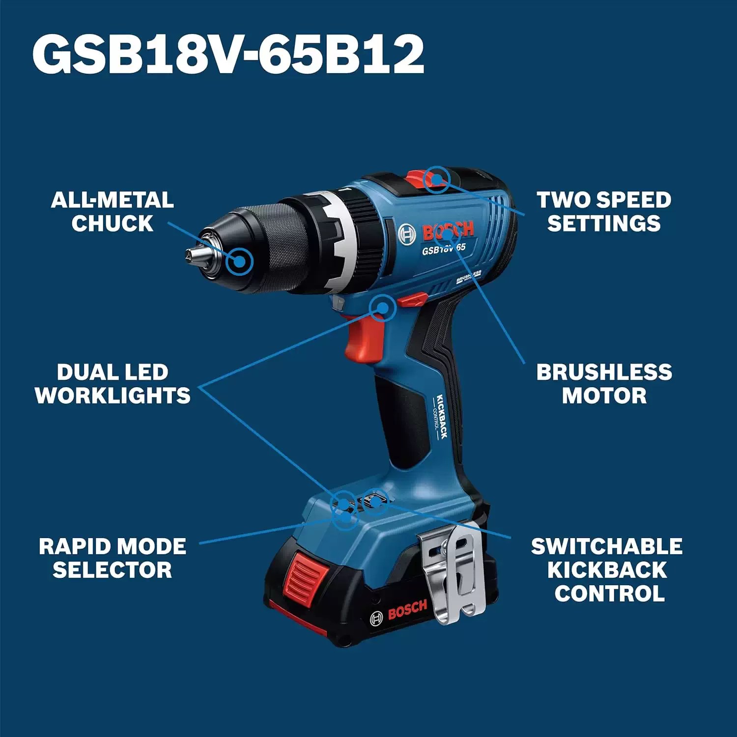 BOSCH GSB18V-65B12 18V Cordless 1/2" Hammer Drill/Driver Kit (1) 2AH