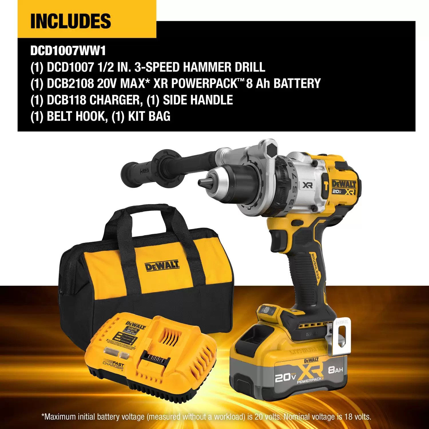 DEWALT DCD1007WW1 20V MAX XR 1/2" 3 Speed Hammer Drill Kit (1) 8AH