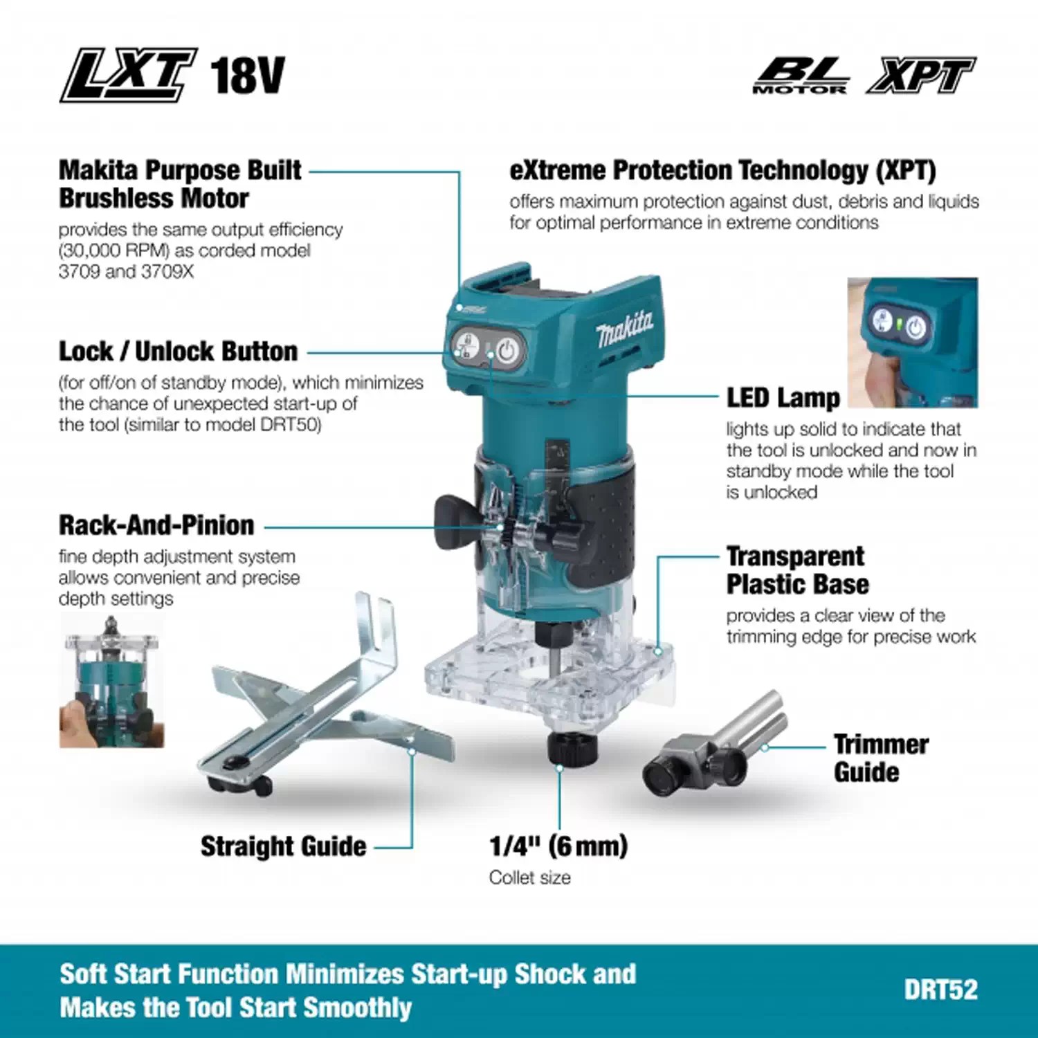 Makita DRT52Z 18V LXT Brushless 1/4" Router - Tool Only