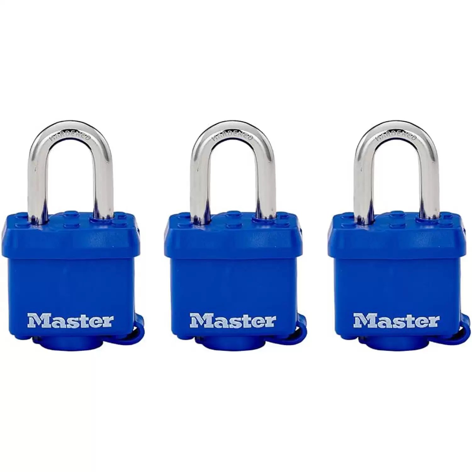 Master Lock 312TRI 3PC 1-9/16" (27mm) Laminated Padlocks with Blue Thermoplastic Shell