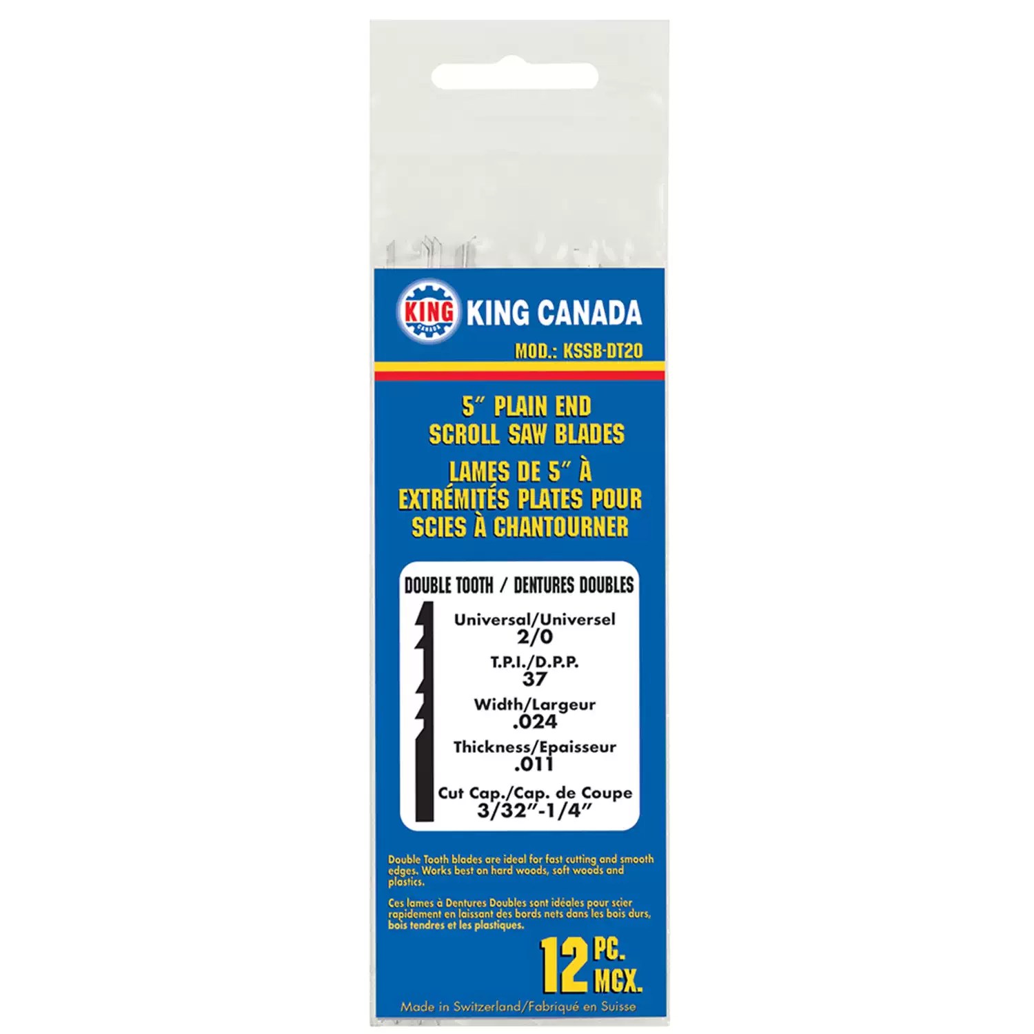 King Canada KSSB-DT20 12PC 5" Pinless 37 TPI Double Tooth Scroll Saw Blade Set