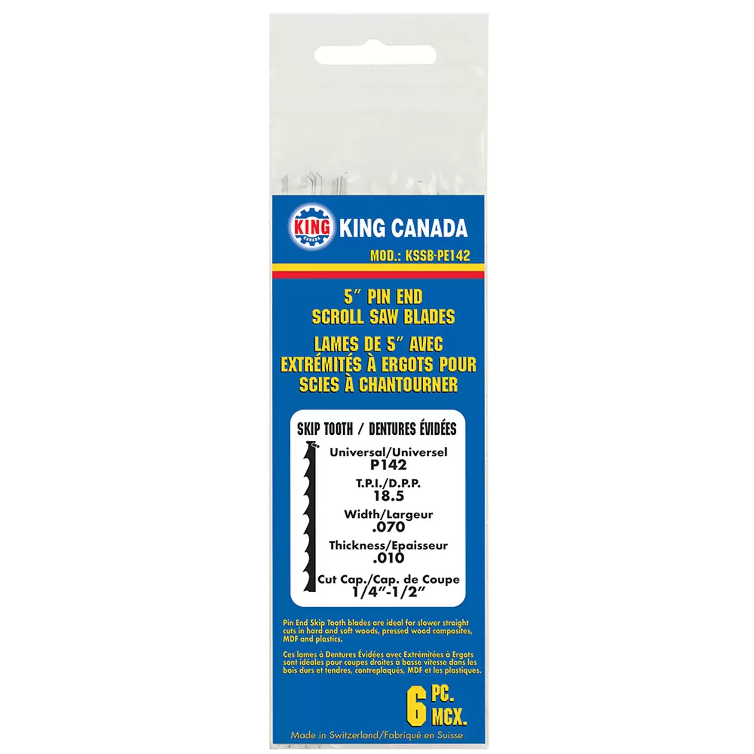 King Canada KSSB-PE142 6PC 5" Pin End 18.5 TPI Skip Tooth Scroll Saw Blade Set