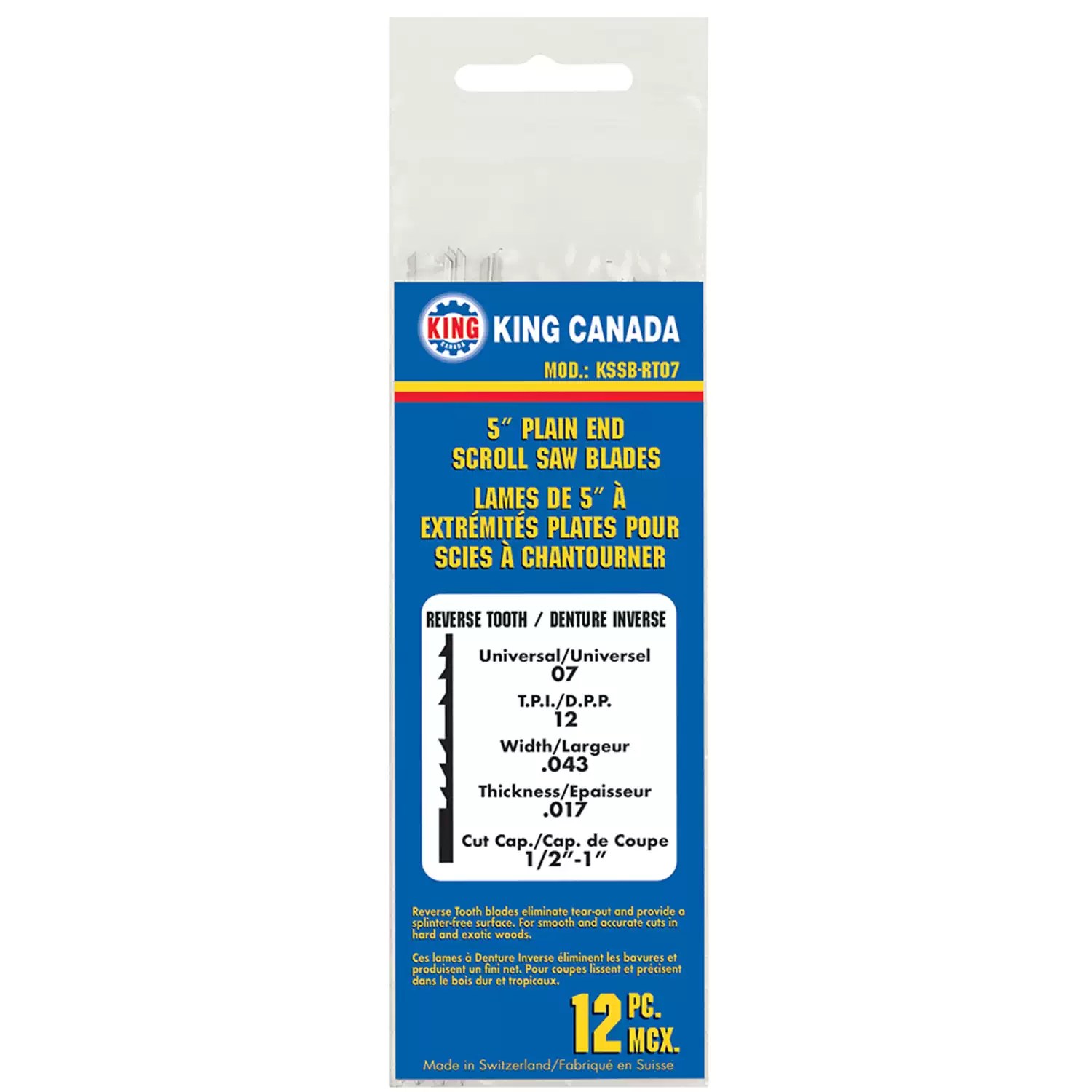 King Canada KSSB-RT07 12PC 5" Pinless 12 TPI Reverse Tooth Scroll Saw Blade Set